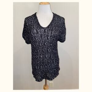 Eileen Fisher Sweater Open Knit S/S Black/Gray Organic Cotton Blend VNeck Medium